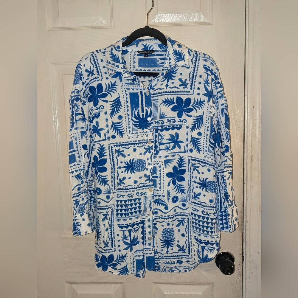 Club Z Collection White/Blue Women's Button Down Long Sleeve Hawaiian Shirt